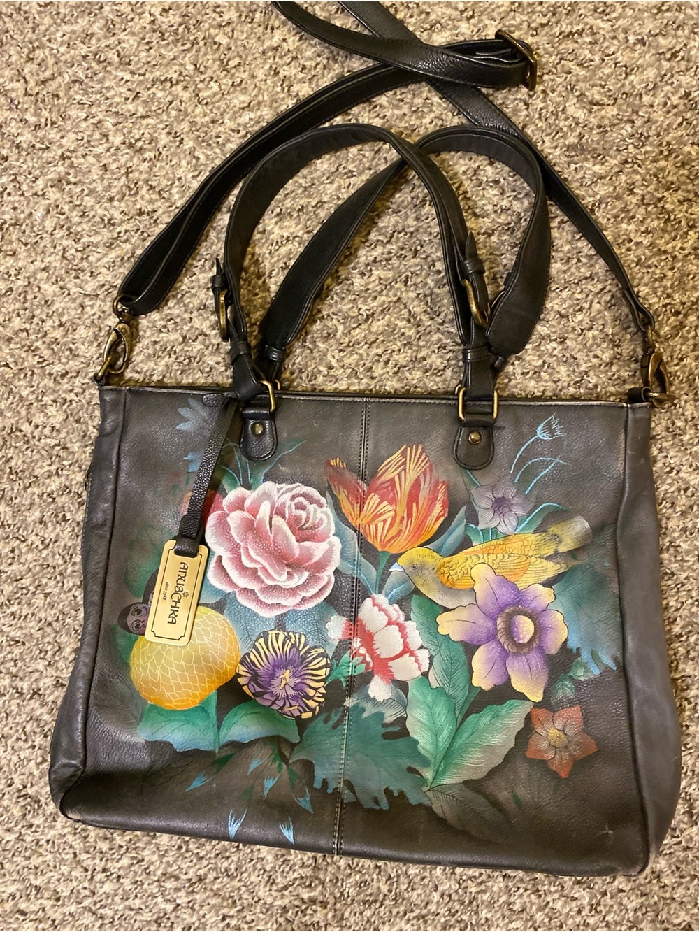 Anuschka Black Leather Hand-Painted Floral & Bird Tote